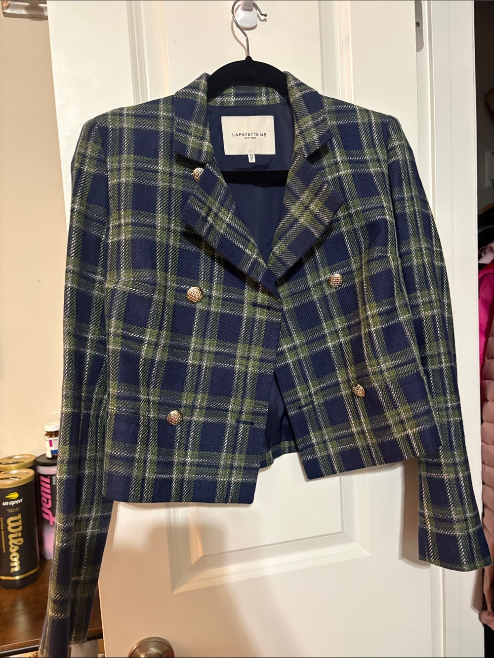 Lafayette 148 New York Navy and Green Plaid Double-Breasted Cropped Blazer